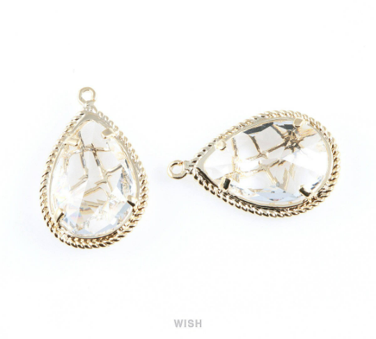 Clear Teardrop Glass Charms in Gold, Framed Drop Pendant / GCLG-022-P