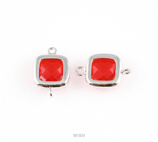 Garnet Faceted Glass Connector in Rhodium, Framed Square Connector / GGNRH-007-P
