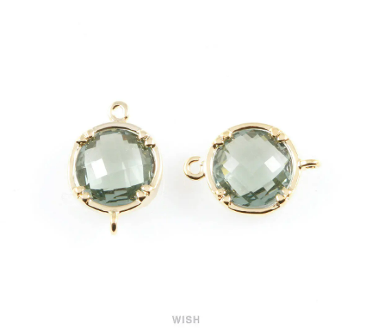 Charcoal Round Glass Connectors in Gold, Framed Glass Gem / GCCG-018-P (Medium)