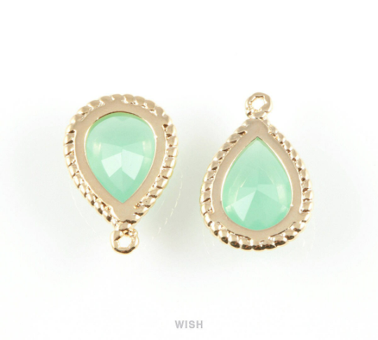 Mint Teardrop Glass Charm in Gold, Framed Drop Glass Gem / GMTG-006-P