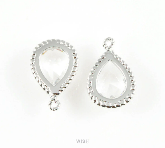 Clear Teardrop Glass Charm in Rhodium, Framed Drop Glass Gem/ GCLRH-006-P