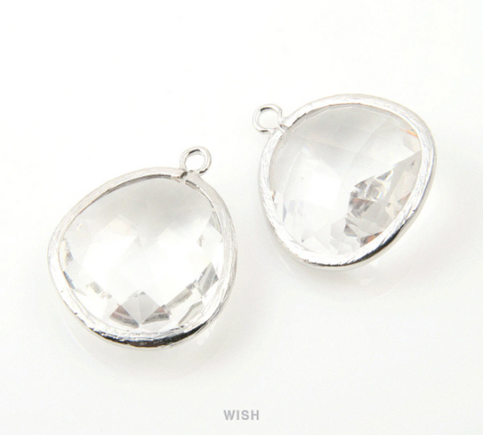 Clear Faceted Glass Charm in Rhodium, Framed Glass Gem / GCLRH-101-P (Large)