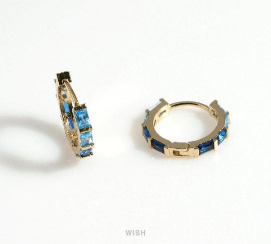 Aquamarine & Sapphire Clip Hoop Earrings in Gold, 2 Aquamarine and 2 Sapphire Hoop Earrings/ CG-093-E