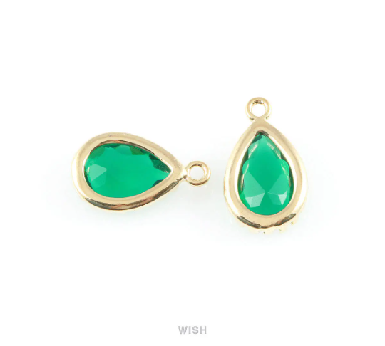 Emerald Teardrop Glass Charm in Gold, Framed Drop Glass Gem / GEMG-017-P