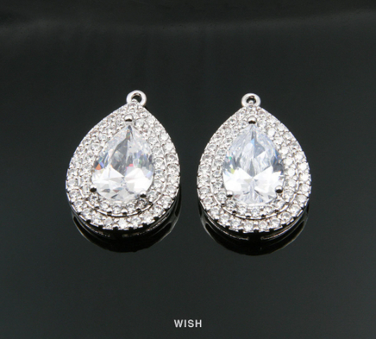 Teardrop Cubic Zirconia Pendants in Rhodium, Sub Rheinstone, Drop Cubic Charm / CRH-049-P