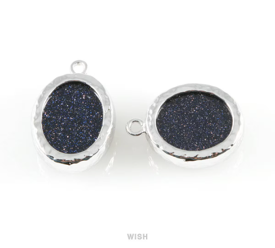 Lapis-Lazuli Faceted Glass Charms in Rhodium, Framed Oval Pendant / GLLRH-009-P