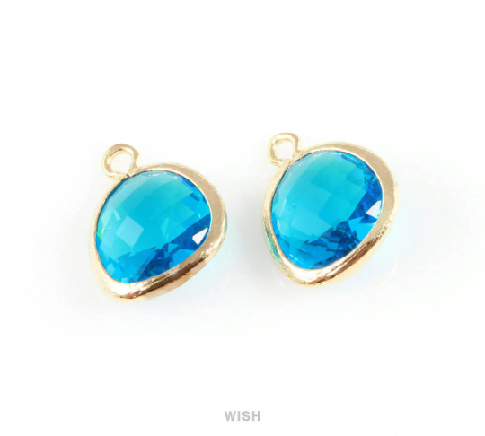 Capri Blue Faceted Glass Charm in Gold, Framed Drop Glass Gem / GCBG-004-P (Medium)