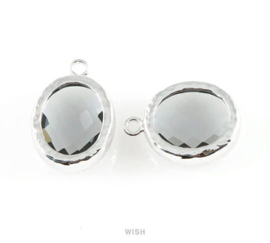 Charcoal Faceted Glass Charms in Rhodium, Framed Oval Pendant / GCCRH-009-P