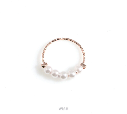 Textured Circle Ring with 5 Pearls in Rose Gold, 5 Pearls Textured Circle Charm / MRG-514-P