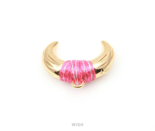 Metal Horn Pendant in Gold with Pink Strap, 16k Gold Bull's Horn Charm / MPKG-004-P (Large)