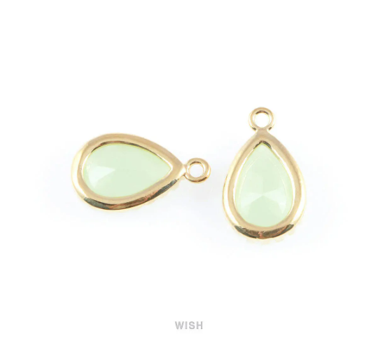 Light Mint Teardrop Glass Charm in Gold, Framed Drop Glass Gem /GLMG-017-P