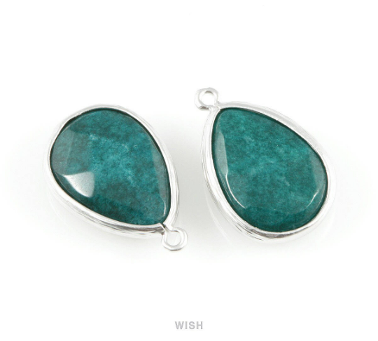 Green Turquoise Synthetic Stone Charms in Matte Rhodium, Framed Teardrop Pendant / SGTMRH-010-P