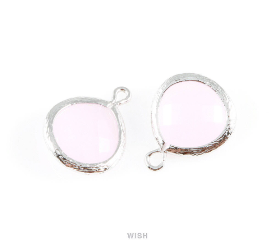 Rose Quartz Faceted Glass Charm in Rhodium, Framed Drop Glass Bead / GRQRH-002-P (Medium)