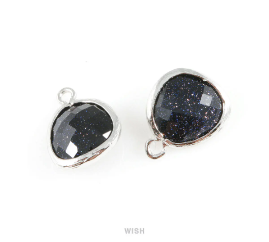 Lapis-Lazuli Faceted Glass Charm in Rhodium, Framed Drop Glass Gem / GLLRH-004-P