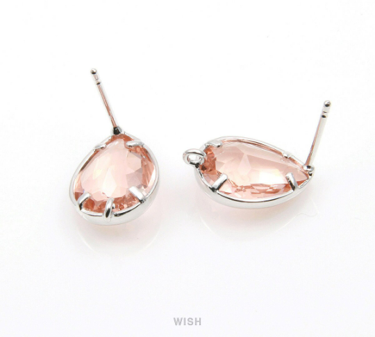 Peach Teardrop Glass stud Earrings in Rhodium, Gem Ear Studs/ GPCRH-099-E