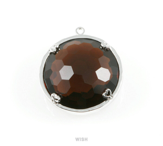 1 piece of Smoky Quartz Faceted Glass Charms in Rhodium, Framed Round Pendant/ GSQRH-011-P