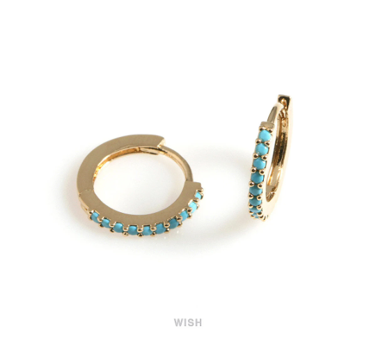 Turquoise Clip Hoop Earrings in Gold, 10 CZ Turquoise Hoop Earrings / CG-083-E2