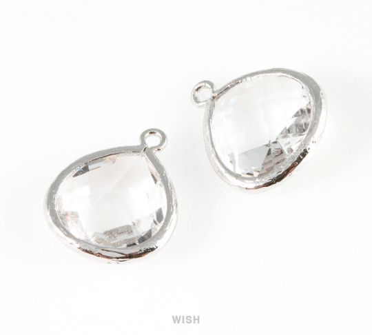 Clear Faceted Glass Charm in Rhodium, Framed Drop Glass Bead / GCLRH-001-P