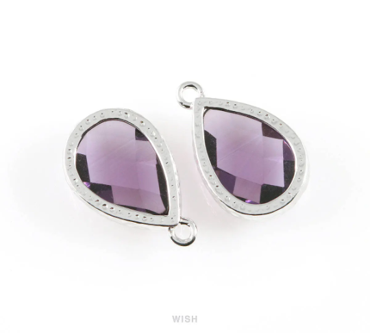 Amethyst Teardrop Glass Charm in Rhodium, Framed Drop Glass Gem / GTZRH-037-P