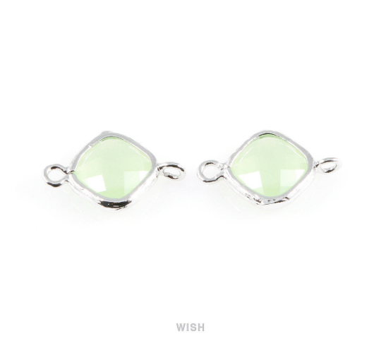Light Mint Rhombus Glass Connector in Rhodium, Framed Rhombus Connector / GLMRH-021-P