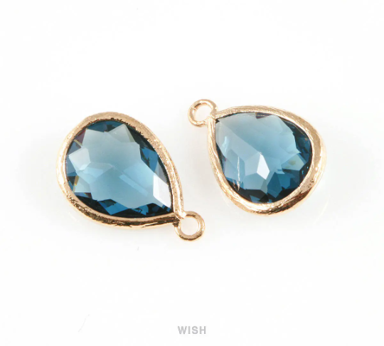Montana Blue Teardrop Glass Charm in Gold, Framed Drop Glass Gem / GMBG-005-P
