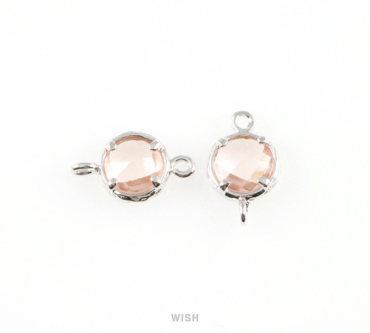Peach faceted Glass Connector in Rhodium, Framed Round Glass Bead / GPCRH-015-P