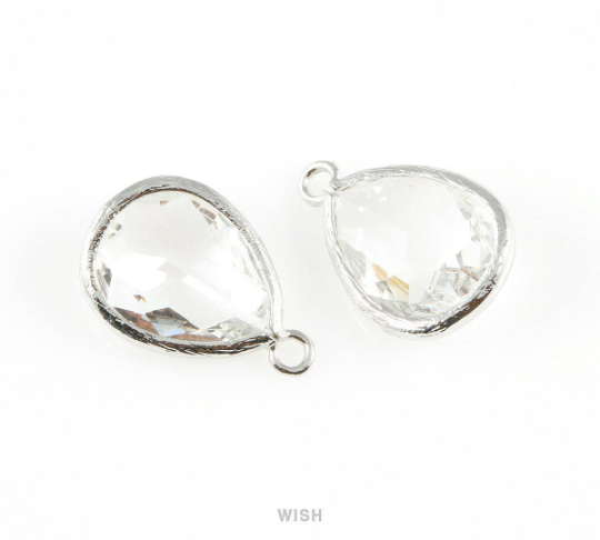 Clear Teardrop Glass Charm in Rhodium, Framed Drop Glass Gem / GCLRH-005-P