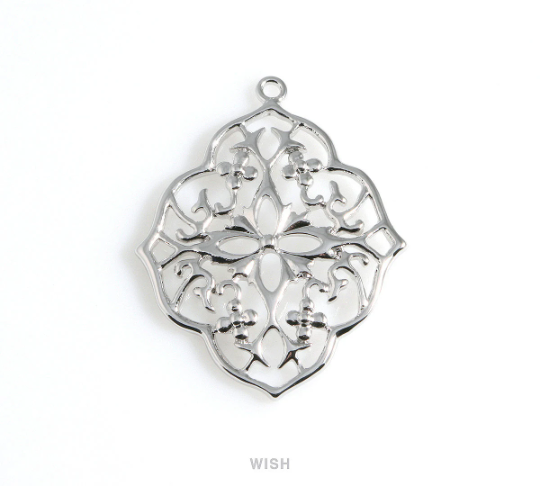 Floral Shield Pendants in Rhodium, Oriental Floral Charm / MRH-057-P