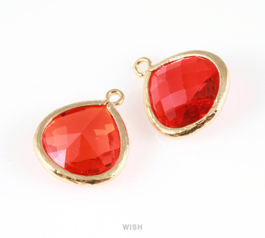 Fire Opal Faceted Glass Charm in Gold, Framed Drop Glass Bead / GFOG-001-P