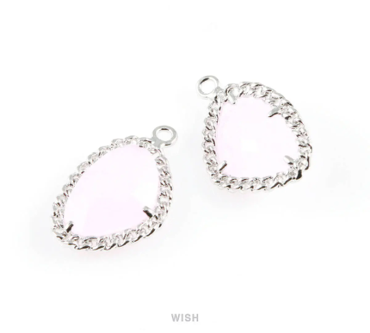 Rose Quartz Triangle Shape Pendants in Rhodium, Framed Triangle Charms / GRQRH-034-P