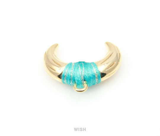 Metal Horn Pendant in Gold with Mint Strap, 16k Gold Bull's Horn Charm/ MMTG-004-P (Large)