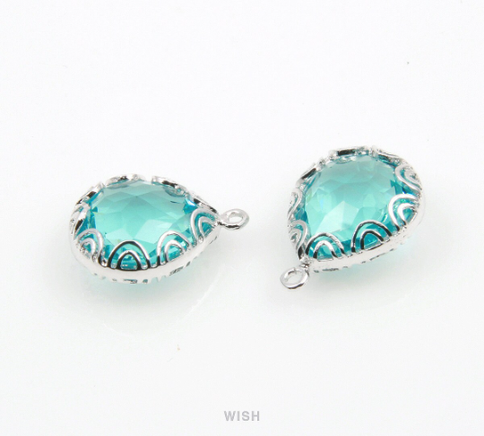 Aquamarine Pear Charm in Rhodium, Aquamarine Pear Framed Glass / SAQRH-113-P