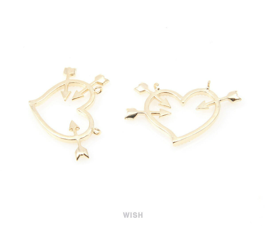 Cupid Hearts Pendants in Gold, Heart and Arrow Necklace Charm /MG-005-P