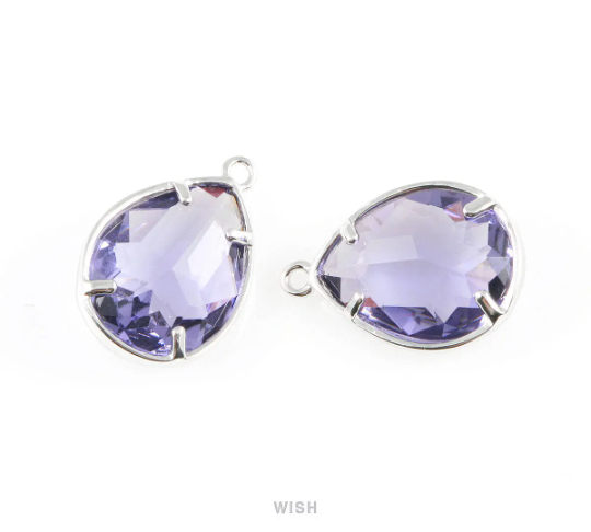 Amethyst Teardrop Glass Charm in Rhodium, Framed Drop Glass Gem / GTZRH-016-P