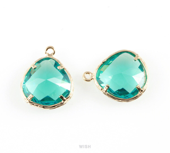 Blue Zircon Faceted Glass Charm in Gold, Framed Pendant / GBZG-036-P