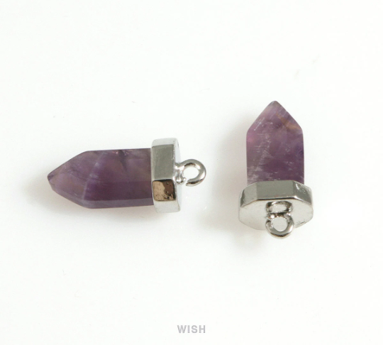 Amethyst Point Gemstone Charm in Rhodium, Amethyst Point Gemstone Pendant / STZRH-106-P