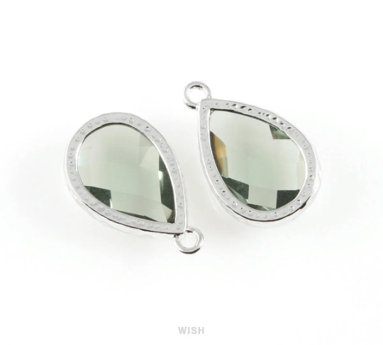 Charcoal Teardrop Glass Charm in Rhodium, Framed Drop Glass Gem / GCCRH-037-P