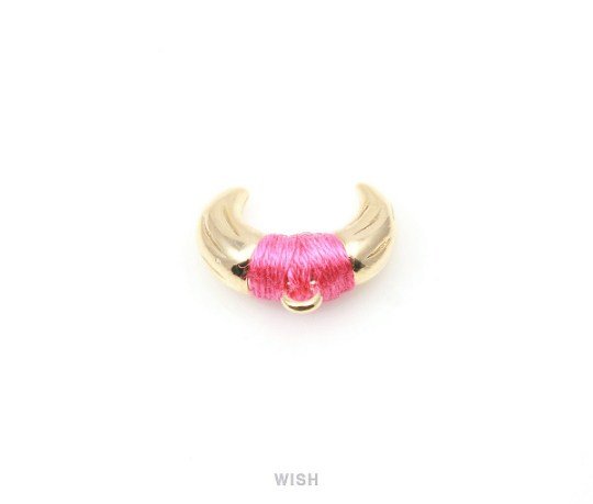 Metal Horn Pendant in Gold with Pink Strap, 16k Gold Bull's Horn Charm /MPKG-003-P (Small)