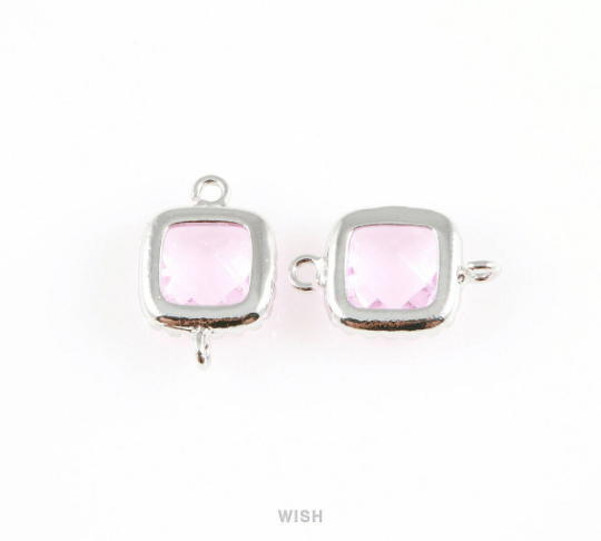 Light Amethyst Faceted Glass Connector in Rhodium, Framed Square Connector /GLDRH-007-P