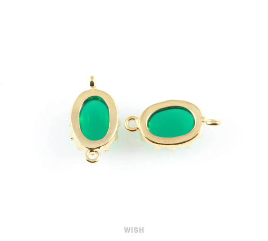 Emerald Oval Glass Connectors in Gold, Framed Glass Gem / GEMG-020-P