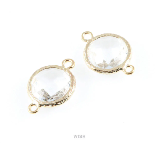 Clear faceted Glass Connector in Gold, Framed Round Glass Bead / GCLG-014-P