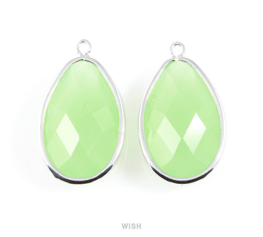 Light Mint Oval Glass Charm in Gold, Glass Framed Pendant / GLMG-045-P