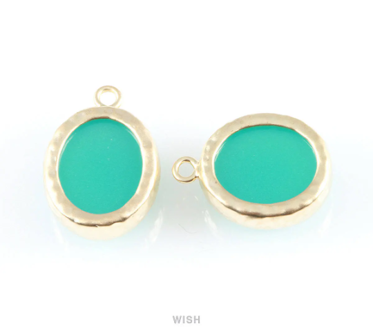 Mint Faceted Glass Charms in Matte Gold, Framed Oval Pendant / GMTMG-009-P