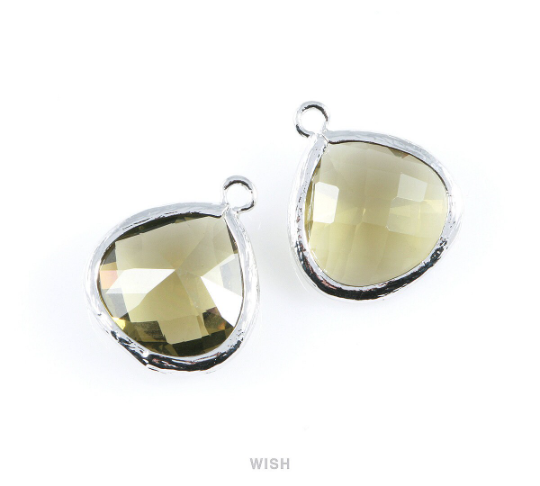 Olivine Faceted Glass Charm in Rhodium, Framed Drop Glass Bead / GOVRH-001-P (Large)