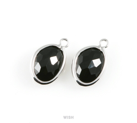 Jet Pear Glass Charm in Rhodium, Glass Framed Pendant / GJTRH-040-P