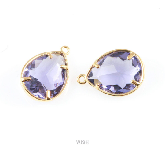 Amethyst Teardrop Glass Charm in Gold, Framed Drop Glass Gem / GTZG-016-P