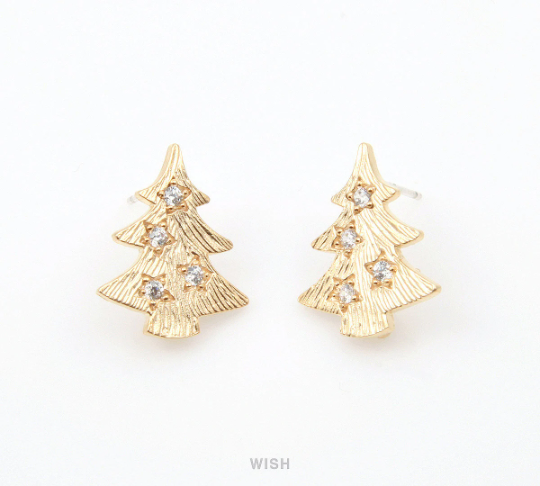 Christmas Tree with 4 Cubic Zirconia Stud Earrings in Matte Gold / MMG-252-E