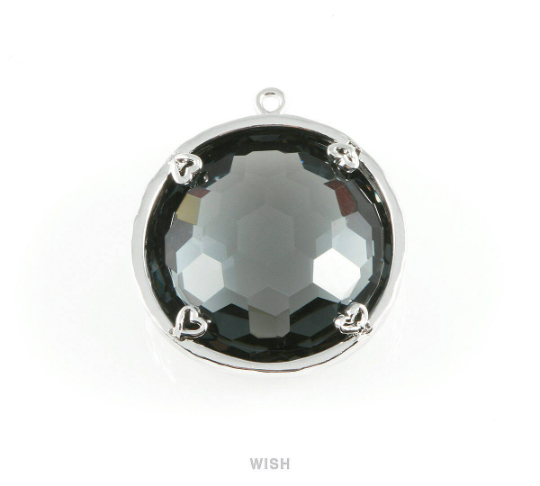 1 piece of Charcoal Faceted Glass Charms in Rhodium, Framed Round Pendant / GCCRH-011-P