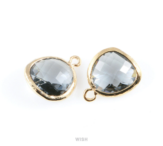 Charcoal Faceted Glass Charm in Gold, Framed Drop Glass Gem / GCCG-004-P