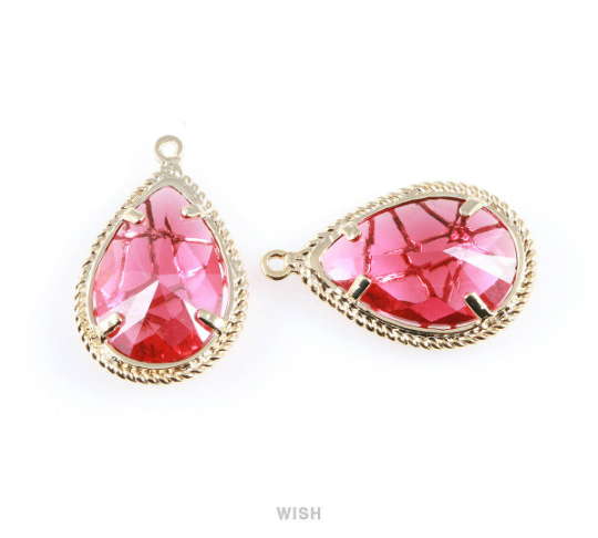 Ruby Teardrop Glass Charms in Gold, Framed Drop Pendant / GRBG-022-P